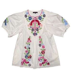 💙💖 Nanette Lepore White Multicolor Floral Embroidered Poplin Peasant Top Boho